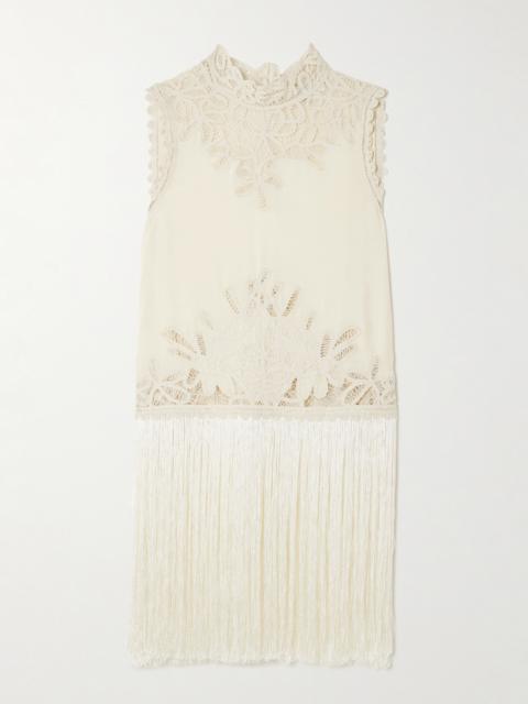 Sea Adelina Tie-side Fringed Lace-paneled Woven Top