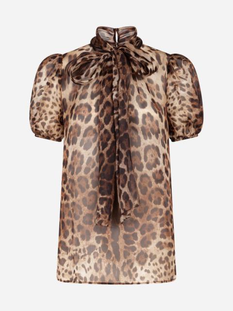 Leopard-print organza blouse with pussy bow