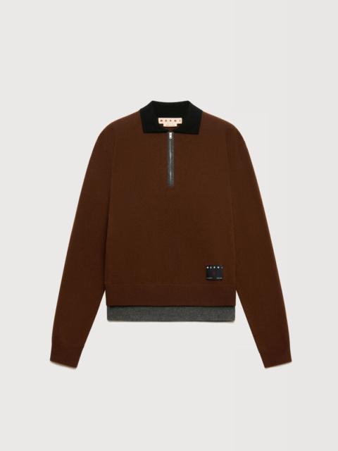 Marni BROWN CASHMERE POLO JUMPER WITH LAYERED EFFECT