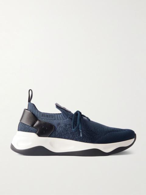 Berluti Shadow Scritto Venezia Leather-Trimmed Stretch-Knit Sneakers Blue