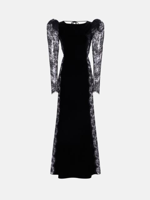 OPEN BACK VELVET EVENING DRESS WITH LACE INTARSIA