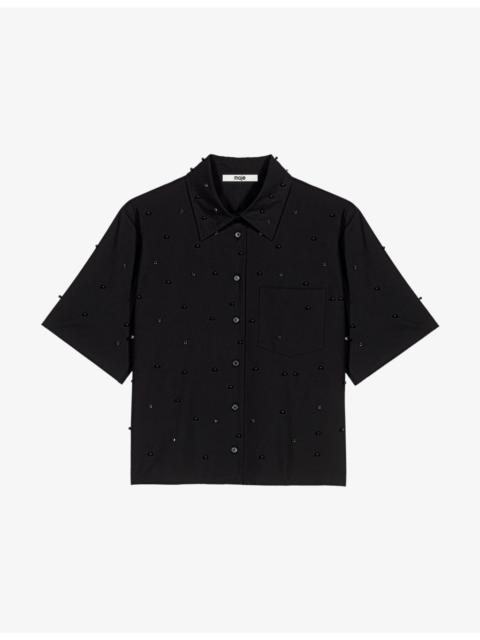 maje Rhinestone Beaded Short-Sleeve Cotton Shirt