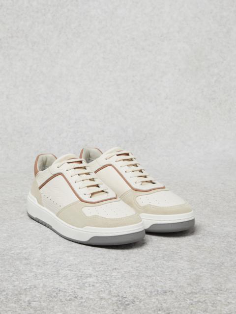 Grained calfskin and washed suede basket sneakers