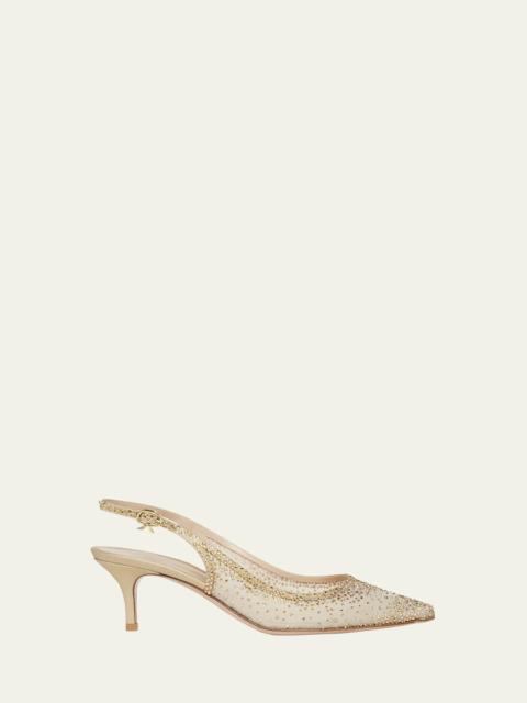 Gianvito Rossi Strass Organza Kitten-Heel Slingback Pumps
