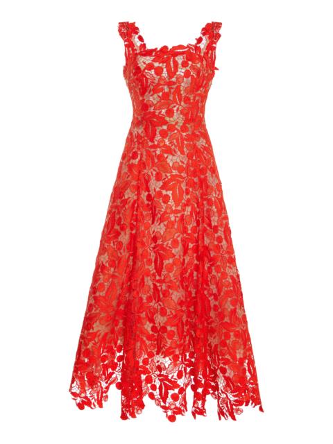 Oscar de la Renta Floral Guipure Midi Dress red