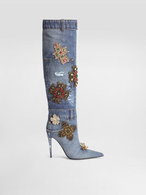 Dolce & Gabbana Denim boots with embroidery and stones