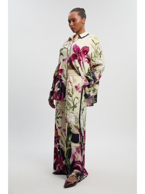 KAREN MILLEN Plus Size Viscose Satin Floral Print Wide Leg Woven Trouser