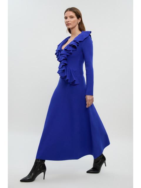 KAREN MILLEN Compact Wool Look Ruffle V Neck Midi Dress