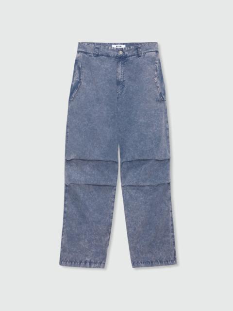 MSGM Navy blue cotton poplin trousers with marbled wash and side flap pockets