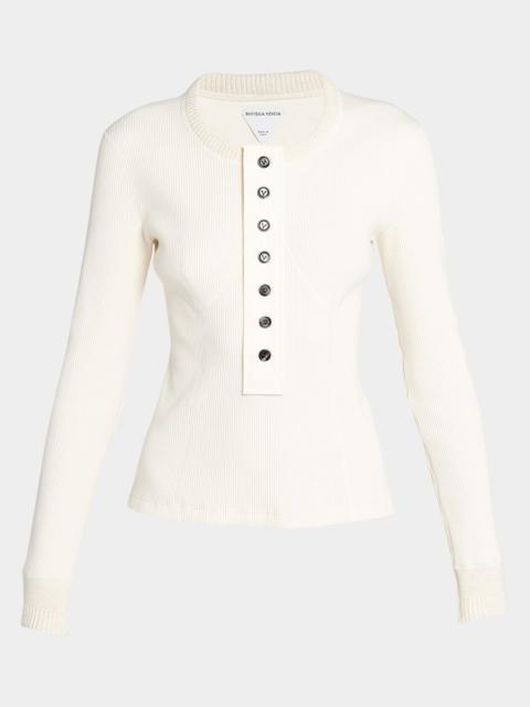 Bottega Veneta Long-Sleeve Compact Cotton Rib Jersey Henley T-Shirt
