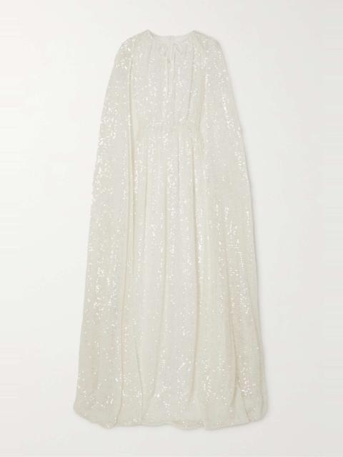 Kenley cape-effect gathered sequined chiffon gown