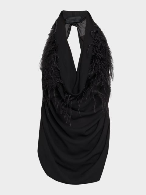 LAPOINTE Feather-Trim Draped Georgette Halter Top