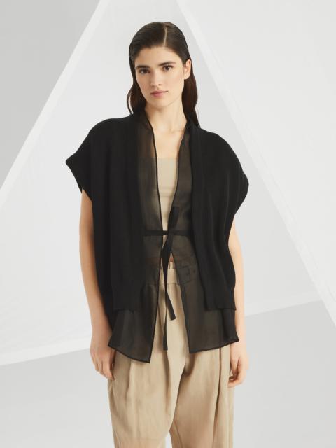 Brunello Cucinelli Cotton English rib knit and organza layered cardigan with monili