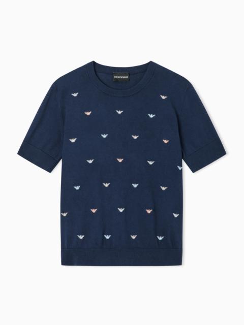 EMPORIO ARMANI SHAVED COTTON SWEATER WITH ALLOVER EMBROIDERY