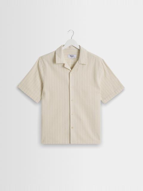Wax London Didcot - Ecru And Blue Seersucker Stripe Short-Sleeve Shirt