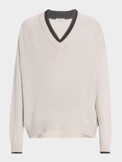 Brunello Cucinelli Cashmere Contrast Stripe V-Neck Sweater