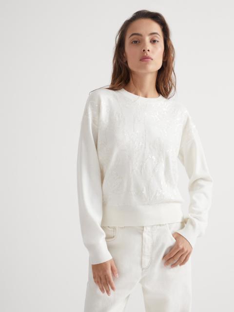 Virgin wool, cashmere and silk sweater with dazzling flower embroidery