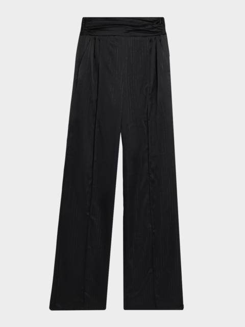 LaQuan Smith Cummerbund Pinstripe Satin Wide-Leg Trousers