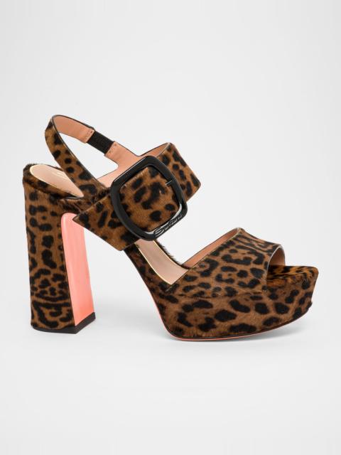 Santoni Bruxel Leopard-Print Calf Hair Platform Sandals