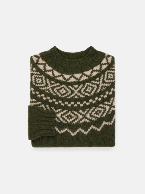 J. PRESS MADE-IN-SCOTLAND GREEN & WHITE HEAVY YOKE FAIR ISLE CREW NECK SWEATER