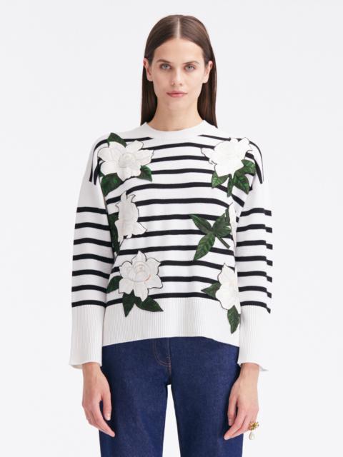 Oscar de la Renta STRIPED GARDENIA THREADWORK PULLOVER