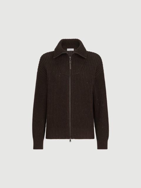 Brunello Cucinelli Sparkling & Dazzling cashmere and wool ribbed cardigan with shiny zipper pull