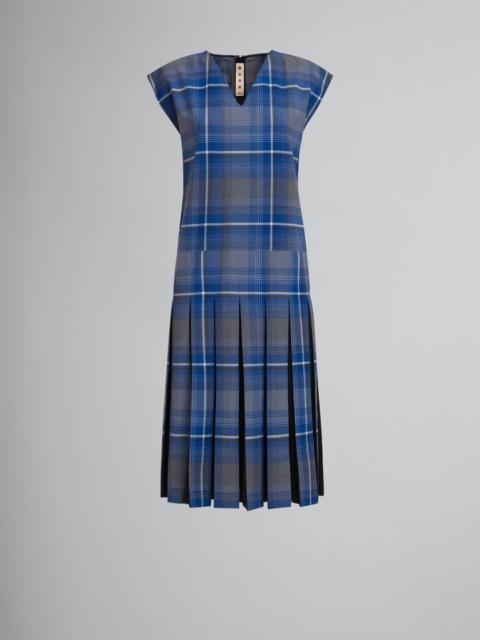 Marni BLUE CHECKED WOOL BLEND DRESS WITH CONTRAST PLEATS