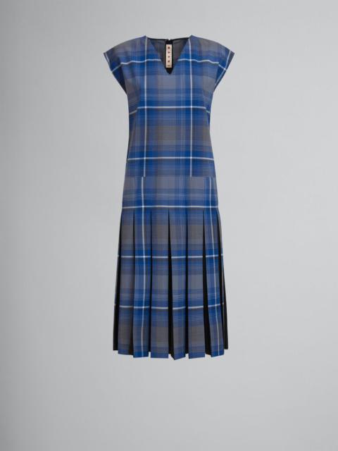 BLUE CHECKED WOOL BLEND DRESS WITH CONTRAST PLEATS