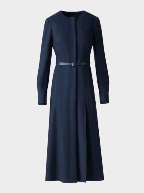 AKRIS Pleated Wool Stretch Flannel Midi Dress With Belt