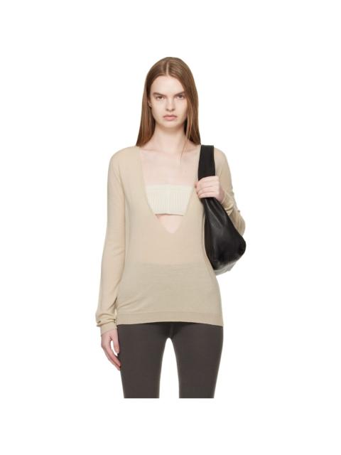 Rick Owens Beige Temple Extreme V Neck Pull Sweater