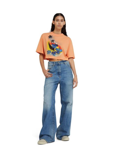 MSGM Solid color cotton crop-top crewneck t-shirt with "MSGM Sunset" graphic