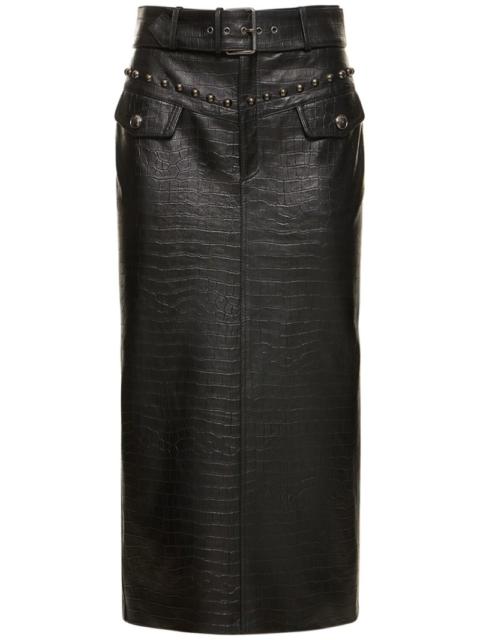 Alessandra Rich Croco print leather midi skirt w/ studs