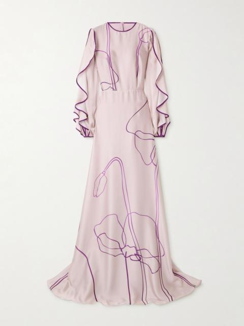 COSTARELLOS Priela ruffled cutout floral-print satin gown Pink