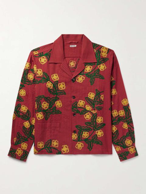 Marigold Wreath Camp-Collar Embroidered Striped Cotton Shirt