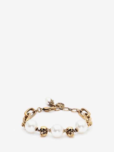 Alexander McQueen Pearl-like Skull Chain Bracelet in Antique Gold