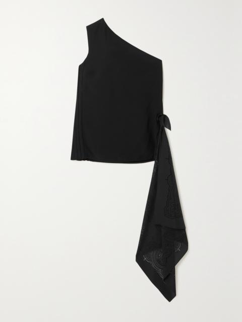 Givenchy One-shoulder Draped Perforated Crepe And Ribbed-knit Top