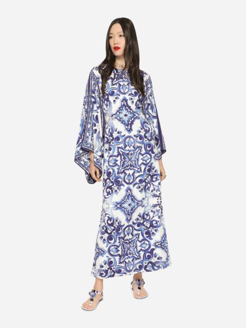 Long majolica-print charmeuse dress