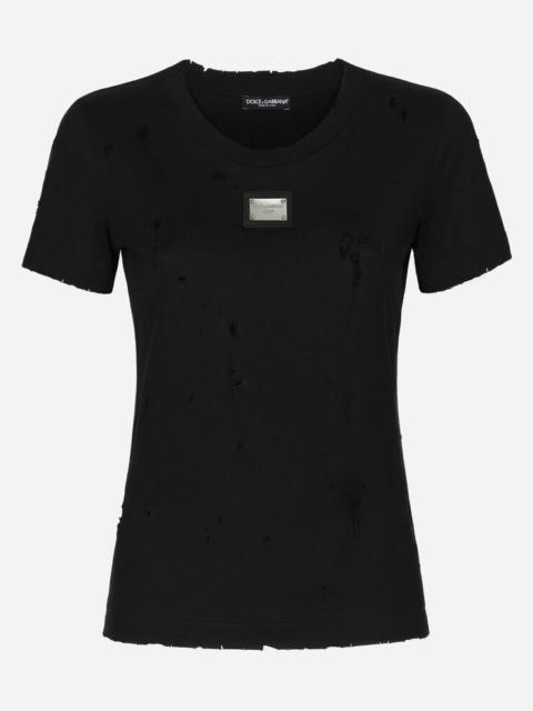 Jersey T-shirt with rips and Dolce&Gabbana tag