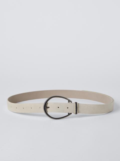 Suede-effect calfskin oval buckle belt with monili