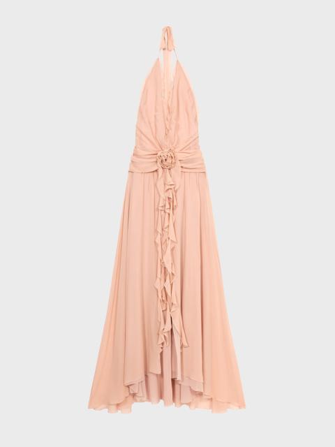 Blumarine LONG GEORGETTE DRESS WITH RUFFLES AND ROSE DECORATION