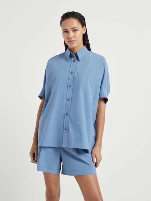 Lightweight wrinkled cotton poplin short sleeve shirt with shiny cuffs