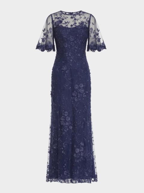 MAC DUGGAL Flutter-Sleeve Embroidered Lace Gown