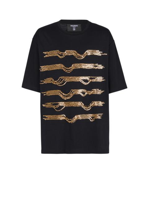 Embroidered cotton T-shirt with destroy stripes