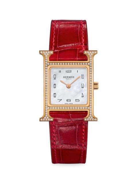 Hermès Women's Heure H 25MM 18K Rose Gold, Diamond & Alligator Strap Watch - Red