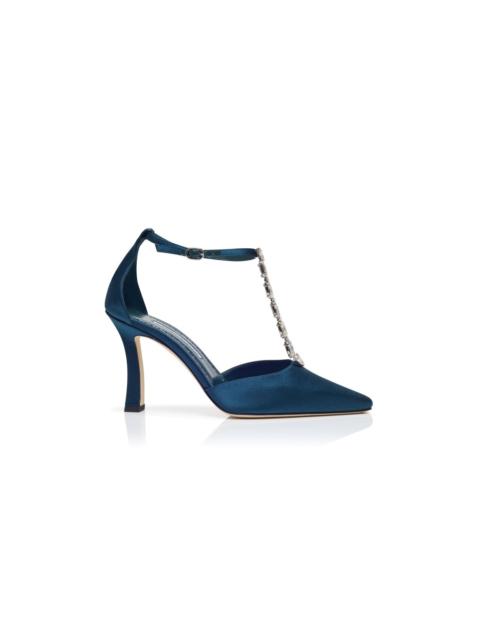 Navy Blue Satin Embellished Pumps