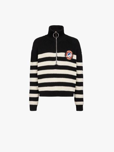 Balmain Black wool turtleneck sweater with white stripes and Balmain badge