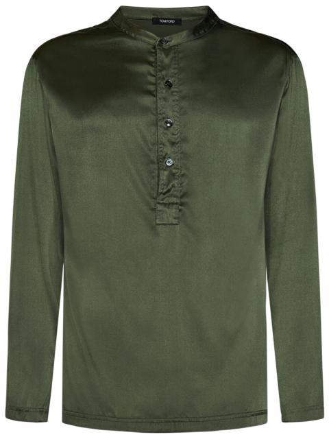 Military-colored stretch silk pajama shirt with henley collar and logo label.