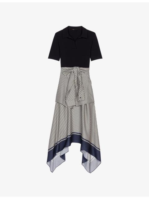 maje Bow-Print Collared Stretch-Cotton and Woven Midi Dress