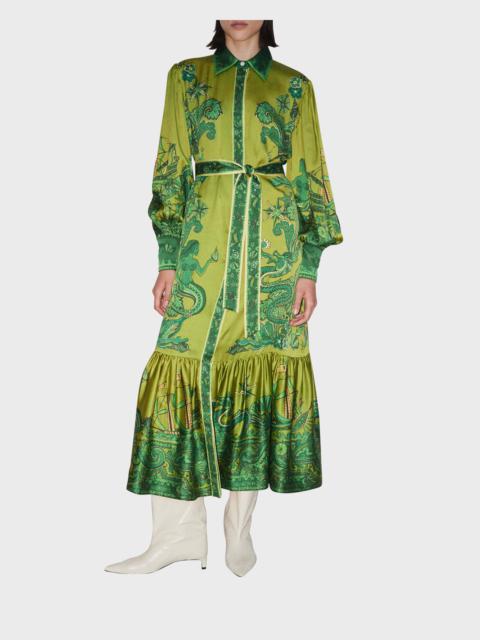 Solaris Silk Twill Belted Lantern-Sleeve Maxi Shirtdress