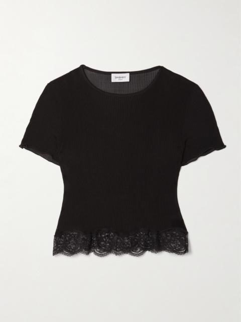 SAINT LAURENT Cropped Lace-trimmed Ribbed Silk Top